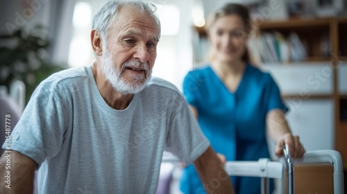 Senior man engaged in therapeutic activities for rehabilitation promoting health and well-being through occupational therapy balance and mobility exercises