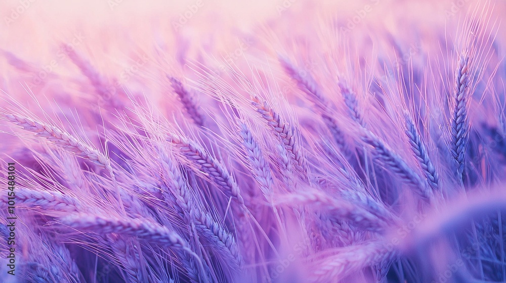 Fototapeta premium A clear image shows a pink sky above lavender-colored grass in focus, while the background is blurred