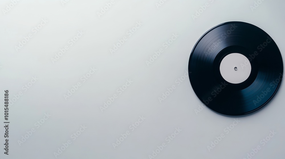 A simple black vinyl disc is centered against a solid white background, showcasing subtle speaker grooves. The design emphasizes minimalism with ample left copy space, ideal for branding A simple black vinyl disc is centered against a solid white background, showcasing subtle speaker grooves. The design emphasizes minimalism with ample left copy space, ideal for branding