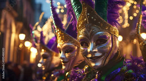 Fototapeta Naklejka Na Ścianę i Meble -  Vibrant Mardi Gras Parade in France with Colorful Masks: A Symphony of Purple, Gold, and Green