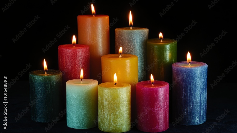Colorful lit candles glowing against a black background creating a serene ambiance highlighting tranquility relaxation and celebration of light Colorful lit candles glowing against a black background creating a serene ambiance highlighting tranquility relaxation and celebration of light