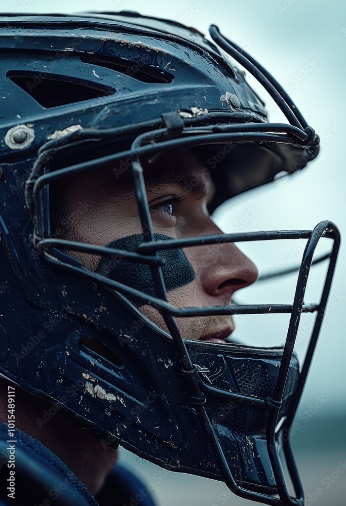 Close-up side profile of a focused baseball catcher wearing a protective face mask Close-up side profile of a focused baseball catcher wearing a protective face mask