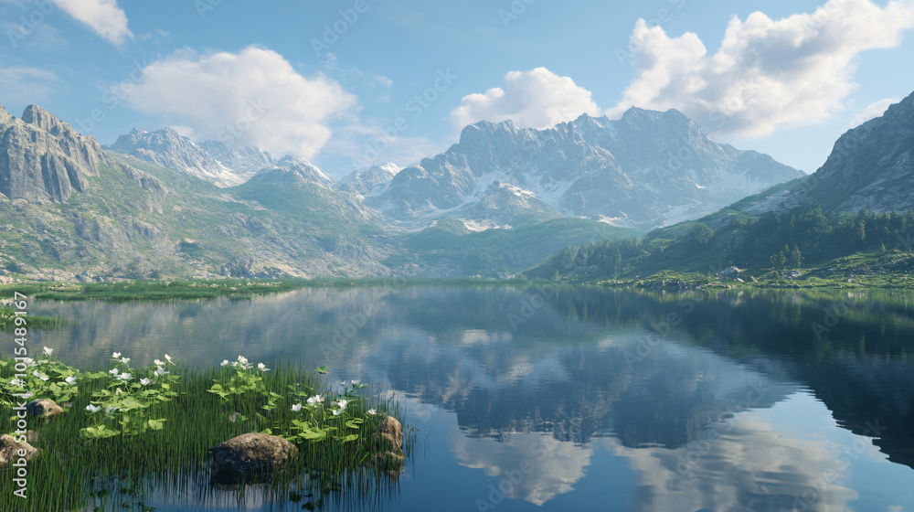 Fototapeta premium A tranquil lake at the foot of a mountain range, reflecting the towering peaks above.