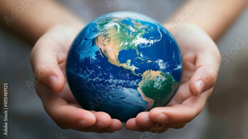 Hands Cradling Earth with Energy-Saving Symbols for Earth Day Promoting Sustainability and Environmental Awareness Nature and Conservation Focus