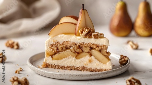   A cheesecake slice on a plate, accompanied by walnuts and pears nearby