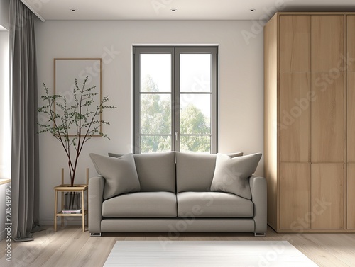 Serene living room with natural through large window. Beige sofa, wooden coffee table, plant, wooden armoire. Grey rug, white walls, tranquil atmosphere. Modern home decor, minimalist style,