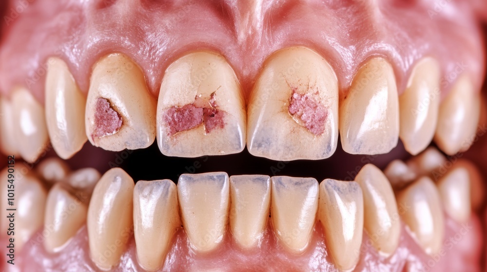 Close-up of elderly lady's severely worn dentition showcasing enamel ...