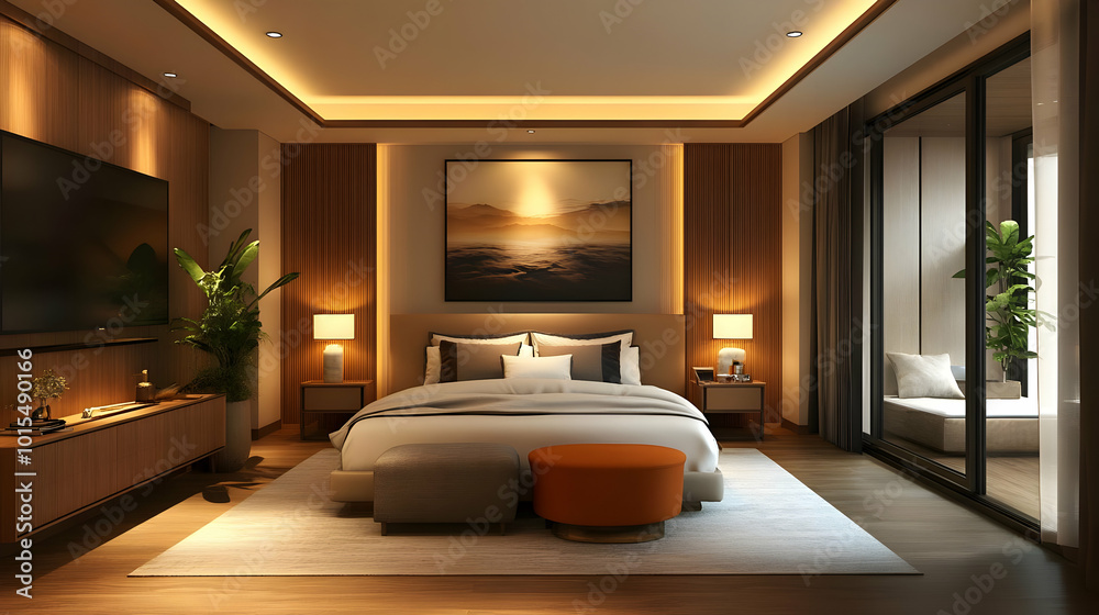 Modern Bedroom Interior Design with Wooden Accents and Cozy Lighting - 3D Illustration Modern Bedroom Interior Design with Wooden Accents and Cozy Lighting - 3D Illustration