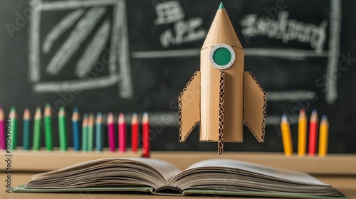 Creative back to school setup with cardboard rocket and vibrant pencils on an open book in front of a classroom blackboard educational inspiration and childhood learning environment photo