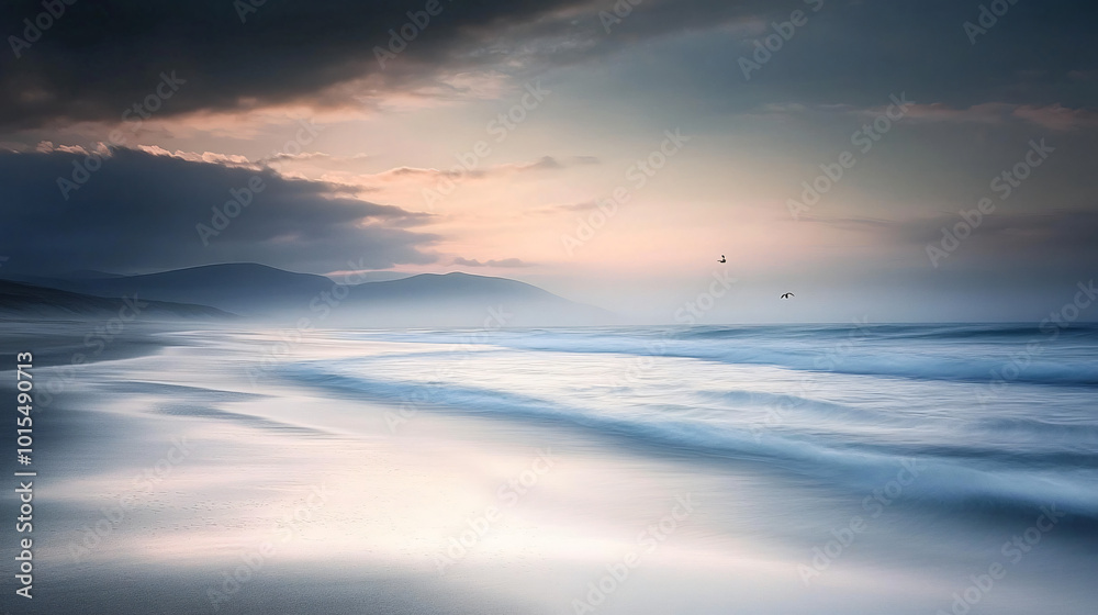 A tranquil beach at dusk with soft waves and the sound of seagulls in the distance.