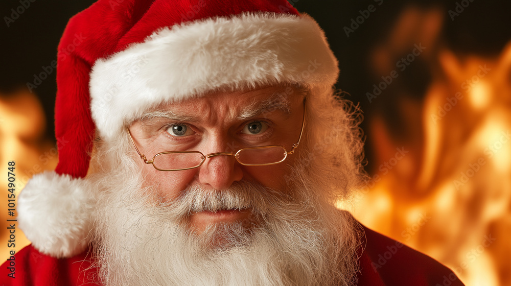 Santa Claus, serious expression in front of a fireplace for holiday or celebration. Elderly man, Christmas and festive season in portrait with warmth, glasses and red hat.