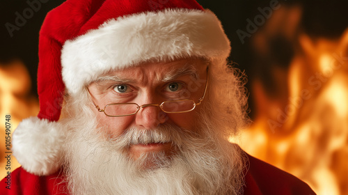 Santa Claus, serious expression in front of a fireplace for holiday or celebration. Elderly man, Christmas and festive season in portrait with warmth, glasses and red hat.