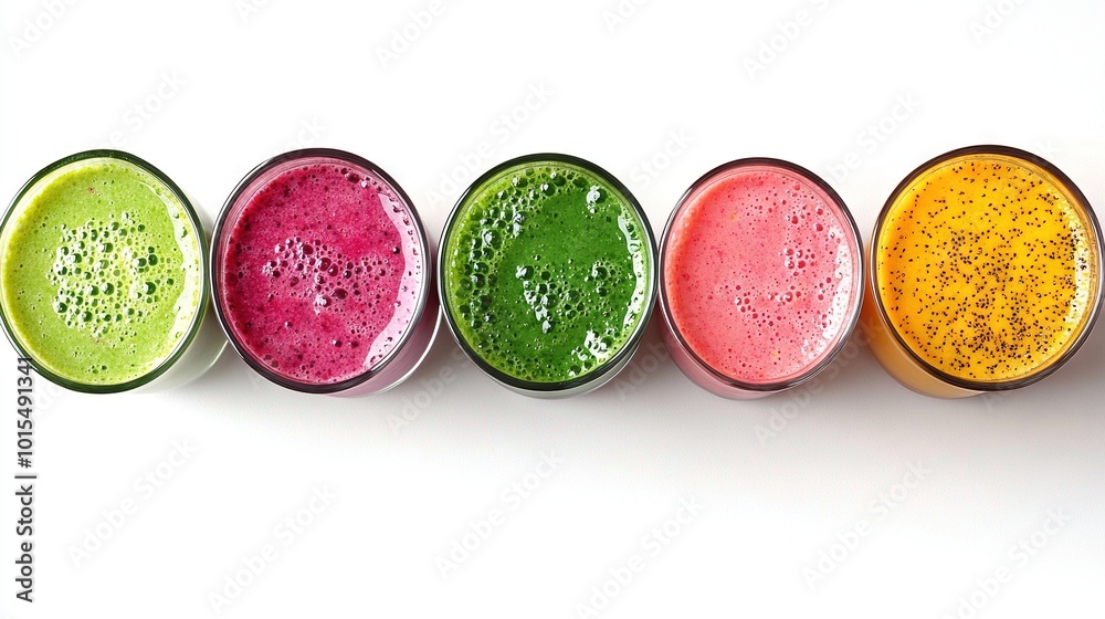 A line of glasses containing various liquid colors sits atop a white table, adjacent to a white background A line of glasses containing various liquid colors sits atop a white table, adjacent to a white background
