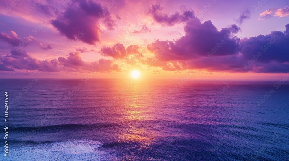 Aerial view of vibrant sunset over tranquil sea showcasing dramatic clouds and waves perfect for nature lovers and photography enthusiasts Aerial view of vibrant sunset over tranquil sea showcasing dramatic clouds and waves perfect for nature lovers and photography enthusiasts
