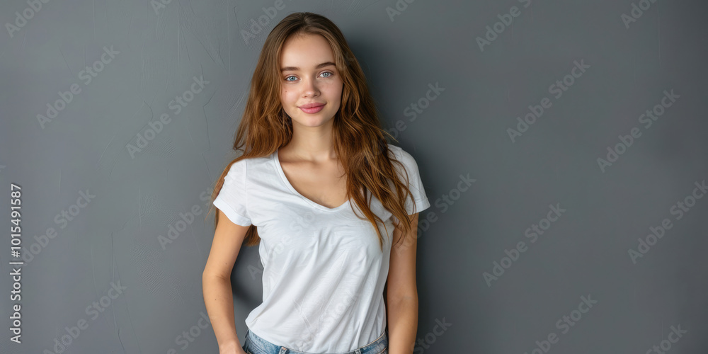 close up photo of BRUNETTE blue eyes WEARING WHITE SHIRT AND JEANS young white woman on GREY background close up photo of BRUNETTE blue eyes WEARING WHITE SHIRT AND JEANS young white woman on GREY background