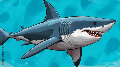 A cartoon-style illustration of a shark swimming against a blue background. photo