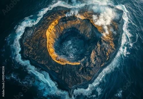 Photorealistic ai image of an aerial view of a volcano on the coast. Generative ai.