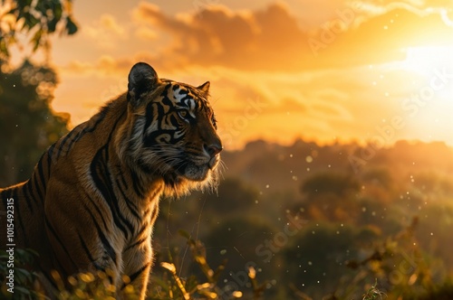 Photorealistic ai image of a tiger on a rock in the wild at sunset. Generative ai.