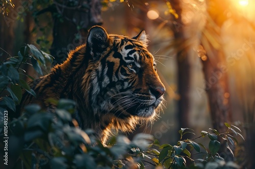 Photorealistic ai image of a tiger on a rock in the wild at sunset. Generative ai.