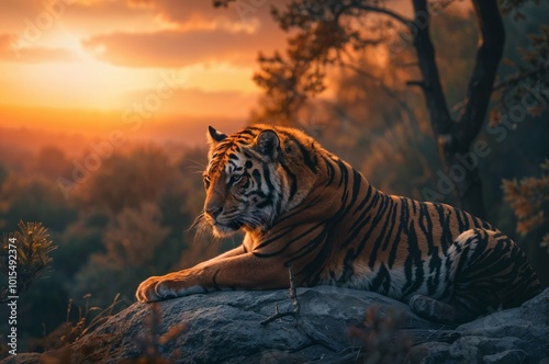 Photorealistic ai image of a tiger on a rock in the wild at sunset. Generative ai.