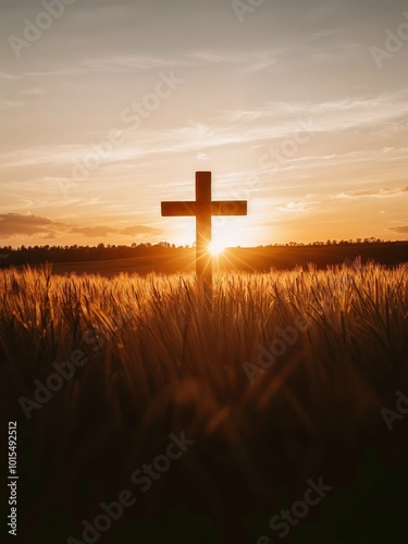 Photorealistic ai image of a cross at sunset in tall grass. Generative ai.