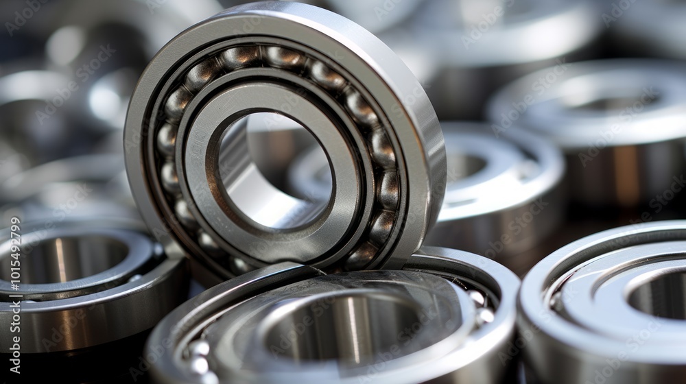 Set of deep groove ball and roller bearings on a gray background with soft focus. Neural network ai generated art Set of deep groove ball and roller bearings on a gray background with soft focus. Neural network ai generated art