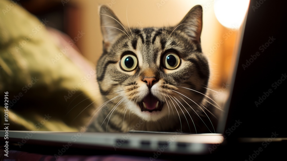 Amazed kitten looking at a laptop, isolated on white background. Neural network ai generated art Amazed kitten looking at a laptop, isolated on white background. Neural network ai generated art