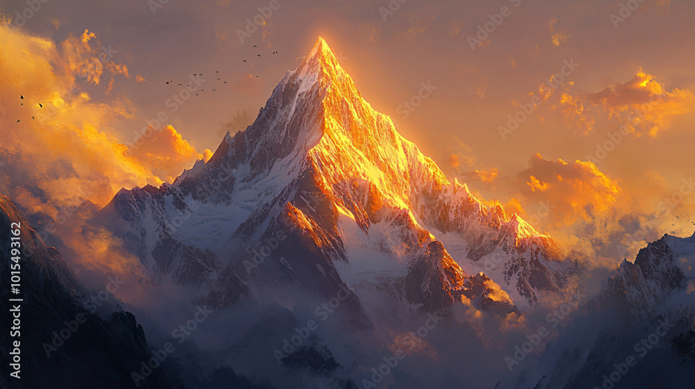 A towering mountain peak illuminated by the golden glow of the setting sun. A towering mountain peak illuminated by the golden glow of the setting sun.