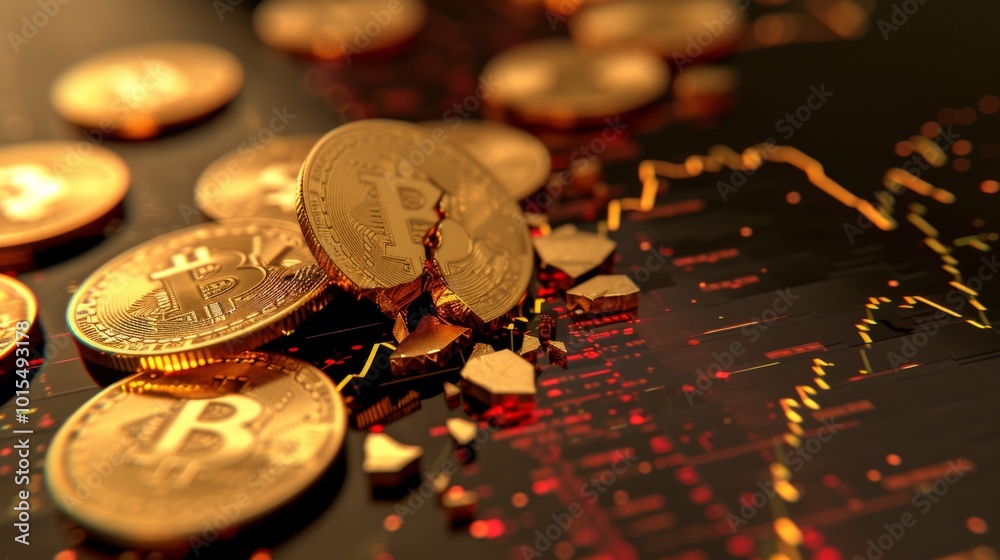 A close-up of Bitcoin coins scattered across a red and black digital financial chart. The image portrays cryptocurrency volatility, investment risk, and the intersection of finance and technology. A close-up of Bitcoin coins scattered across a red and black digital financial chart. The image portrays cryptocurrency volatility, investment risk, and the intersection of finance and technology.