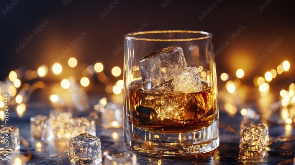 Elegant whiskey glass with ice against a bokeh backdrop showcasing a rich amber hue perfect for celebration moments and refined indulgence Elegant whiskey glass with ice against a bokeh backdrop showcasing a rich amber hue perfect for celebration moments and refined indulgence