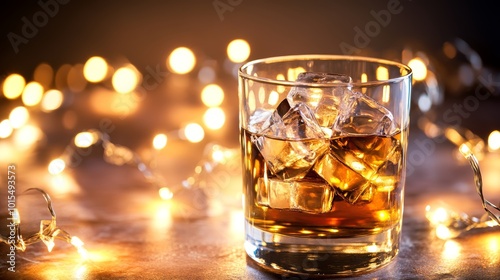 Whiskey on the Rocks with Glimmering Lights Background Capturing Warmth and Elegance in a Relaxing Atmosphere for Fine Spirits Enjoyment