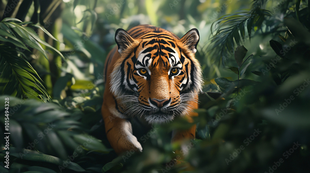 A tiger prowling through dense jungle foliage. A tiger prowling through dense jungle foliage.