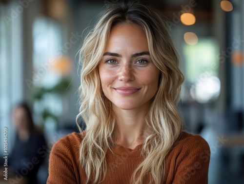 Wallpaper Mural enthusiastic businesswoman animatedly discussing ideas with colleagues in a bright, modern office setting, showcasing teamwork and collaboration in a professional environment Torontodigital.ca