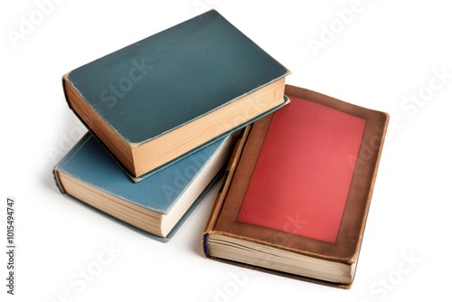 Stack of 3 books in different colors blue, red, brown. Hardcovers with white spines. Vertical arrangement with slight overlap. Book covers vary in size.