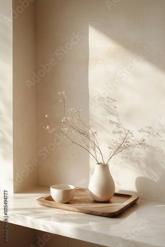 A minimalist interior arrangement at a corner, featuring a white cup and dried flowers in a vase on wood tray on surface. Sunlight filters through a window, casting shadows on the wall. Still Life.