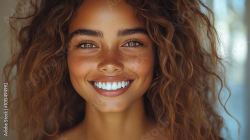 portrait of a radiant young latin model woman expressing pure joy with a bright smile and sparkling clean teeth set against a soft neutral backdrop that enhances her natural beauty