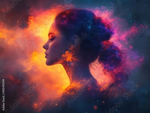 fantasy portrait of a beautiful woman in double exposure. her profile is adorned with colorful digital paint splashes resembling a cosmic nebula, merging fantasy with vibrant expression