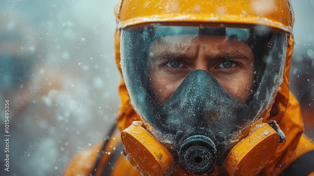 professional construction worker clad in protective gear surrounded by swirling glass wool dust particles highlighting the bustling environment of a construction site under a hazy sky professional construction worker clad in protective gear surrounded by swirling glass wool dust particles highlighting the bustling environment of a construction site under a hazy sky