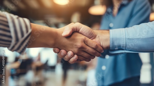 Two business professionals shake hands, forming partnership in a busy office setting. Man and woman in striped and blue shirts, smiling, extending hands in a gesture of trust and collaboration.