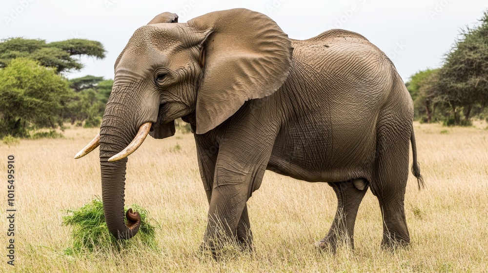 Fototapeta premium Close-up of a majestic wild elephant foraging in lush African savanna showcasing biodiversity and wildlife in Tarangire National Park safari experience