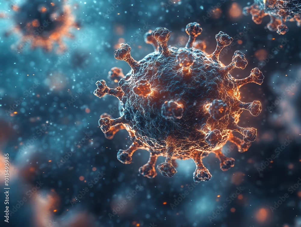 focus on a single virus magnified against a blurred background, emphasizing its structure and detail, representing the importance of microbiology and health sciences in modern research focus on a single virus magnified against a blurred background, emphasizing its structure and detail, representing the importance of microbiology and health sciences in modern research