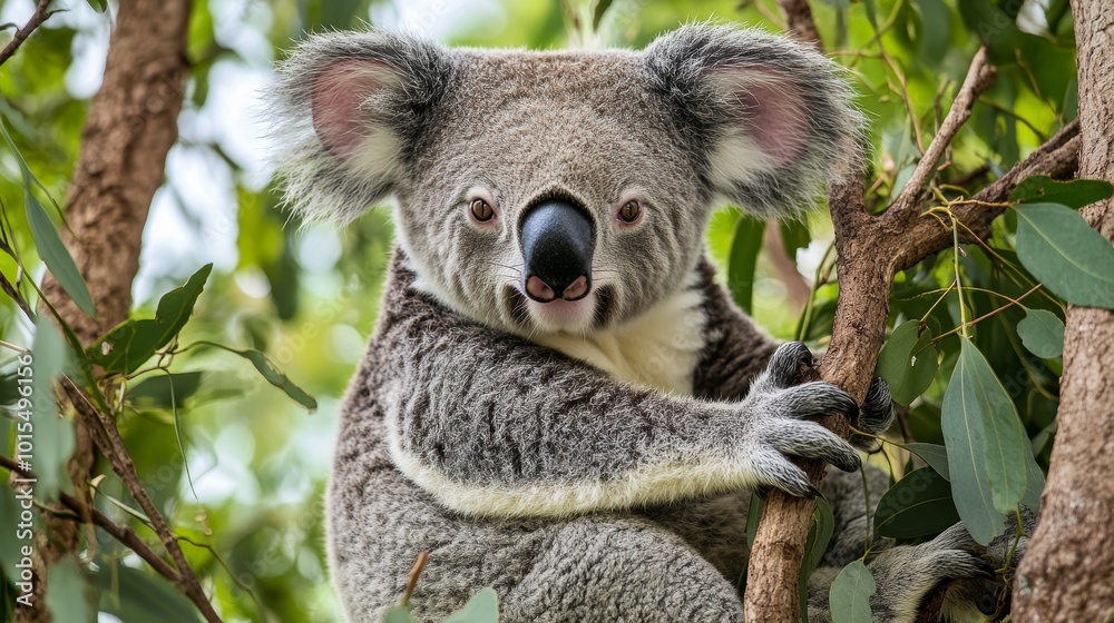 Fototapeta premium Cuddly koala perched on eucalyptus tree showcasing its unique features and natural habitat a symbol of Australian wildlife and conservation efforts