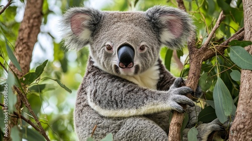 Cuddly koala perched on eucalyptus tree showcasing its unique features and natural habitat a symbol of Australian wildlife and conservation efforts