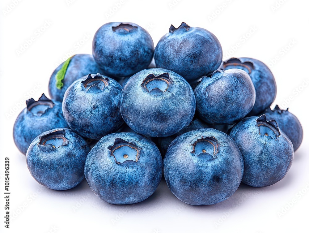 Fototapeta premium fresh blueberries isolated against a pristine white background, highlighted with natural lighting, showcasing their plumpness and vivid blue hues, inviting a sense of freshness and health