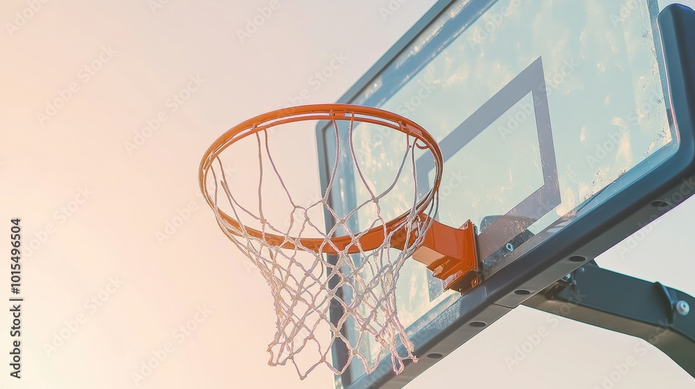 Close-Up View of a Bright Outdoor Basketball Hoop with Glass Backboard and Net Against a Clear Sky Showcasing Sports Recreation and Athleticism Close-Up View of a Bright Outdoor Basketball Hoop with Glass Backboard and Net Against a Clear Sky Showcasing Sports Recreation and Athleticism