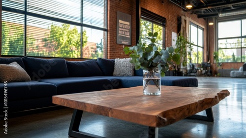 A stylish living room showcases a deep blue sectional sofa with textured cushions and a wooden coffee table adorned with eucalyptus. Tall windows illuminate the space