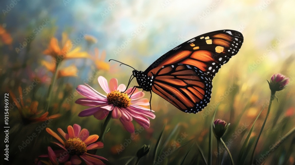 A butterfly perched on a blooming flower, with vibrant colors in both the wings and petals, set in a sunny meadow. A butterfly perched on a blooming flower, with vibrant colors in both the wings and petals, set in a sunny meadow.