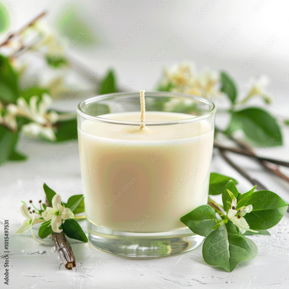 jasmine scent candles and fresh white wild jasmine branches and vanilla on the plain white background jasmine scent candles and fresh white wild jasmine branches and vanilla on the plain white background