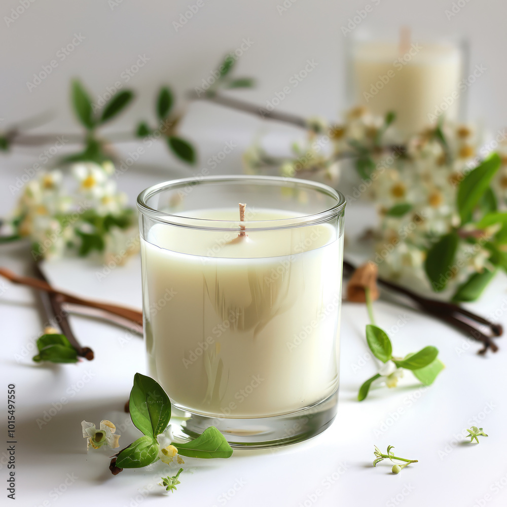 jasmine scent  candles and fresh white wild jasmine branches and vanilla   on the plain white background 