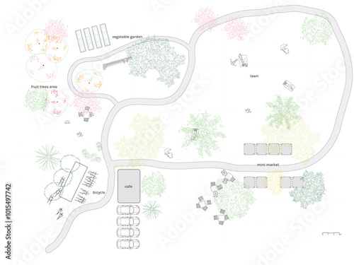 Architectural Drawings, people plan vector in park out door illustration, top view, Minimal style hand drawn, set elements for architecture and landscape design. Sections, Elevations 